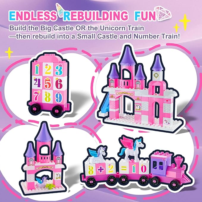 Classic Building Blocks for Toddlers - Compatible with Major Brands Unicorn Theme Princess Castle &amp Number Trains Classic Bricks Creative Educational Buildable Kits for Girls Boys Ages 3 4 5