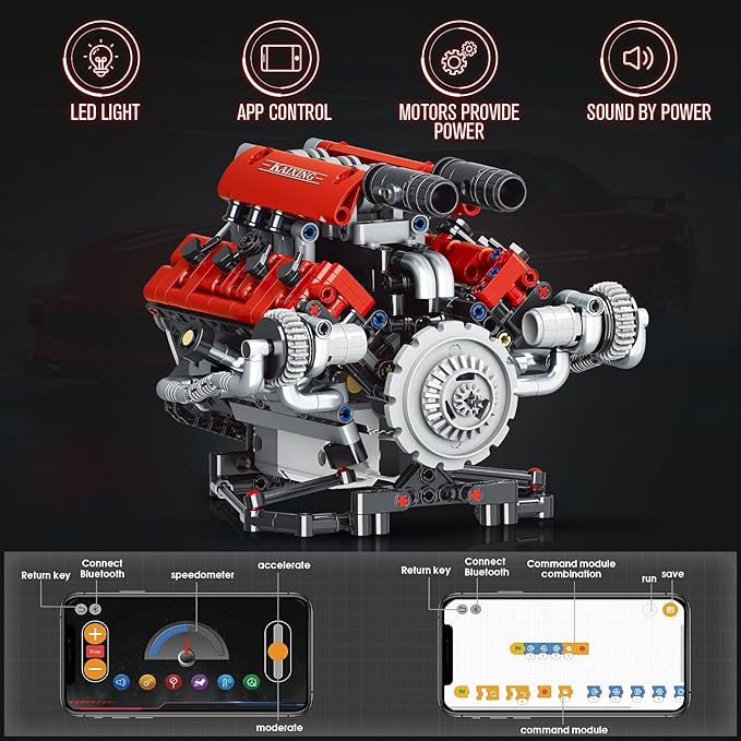 HIGH GODO V8 Engine That Works Visible Car Engine Model Kit with Motor and Lights Build Your Own Car Engine Kit with App Control Kit STEM Toys Gifts for Teens Adults 14+ (660 PCS)