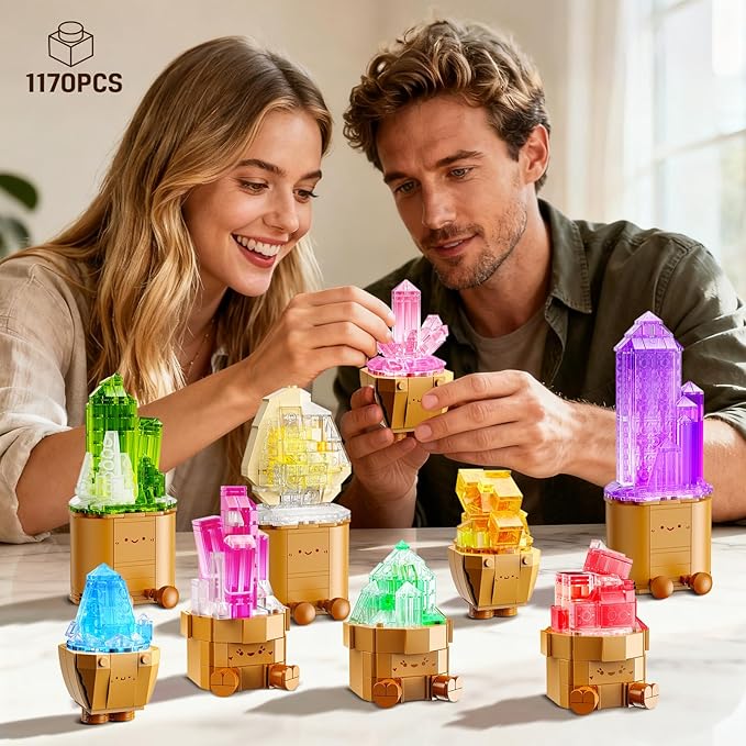 9 Pack Easter Party Favor Mineral Mini Building Set with LED Light 1170PCS Crystals Flower Bonsai Block Toy for Goodie Bag Fillers Classroom Prizes Birthday Gift for Kids Adults Women