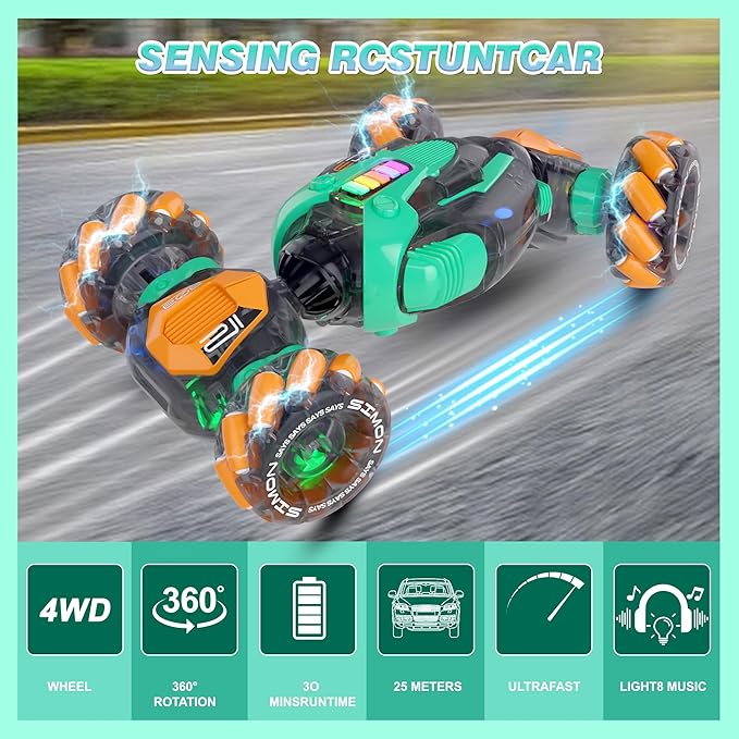 Gesture Sensing RC Stunt Car - Boys Toys Age 6-8-12 360° Rotating 4WD Hand Controlled Remote Control Twist Car with Light &amp Music Cool Toys and Ideas Gifts for Children Age 7 9 10 11 12 Years Ol