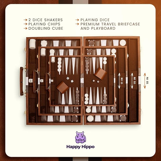 Backgammon Board Game Deluxe Leather Like Case Felt Interior Brown Classic Backgammon Game Popular Board Game Board Games (Small (11))