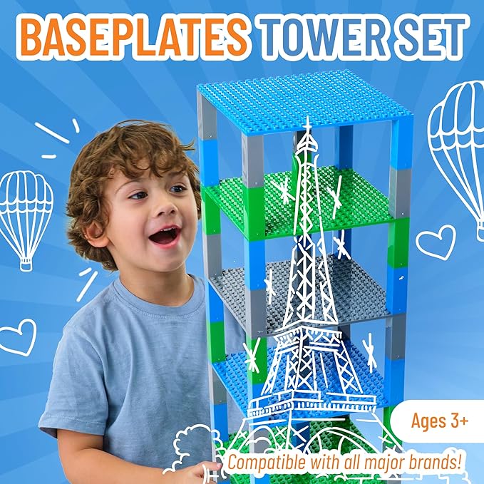Strictly Briks Stackable Baseplates - Vertical Expansion with Stackable Brick Plates - Multi-Level Base Plate Organizer - Compatible with Lego - Pack of 6 Baseplates &amp 50 Connectors 6x6 in