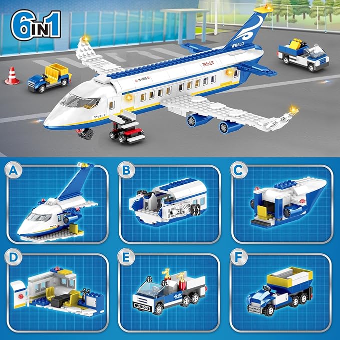 510 Pcs City Passenger Airplane Building Set 6 IN1 Plane Building Blocks Toys STEM Aircraft Bricks with Shuttle Bus Baggage TruckAirplanes Model Toys Gifts for Adults Boys Girls Age 6-12+