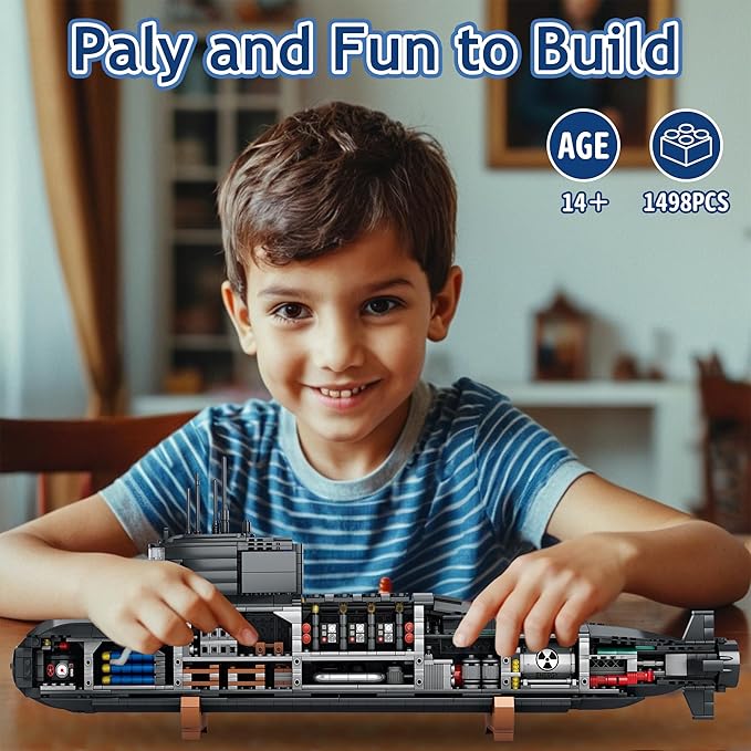 Nuclear Submarine Building Block Toy Set – WW2 Military Battleship Model with Lights Ideal Gift for Boys Teens &amp Adults Great for Home or Office Decor - 1498 PCS