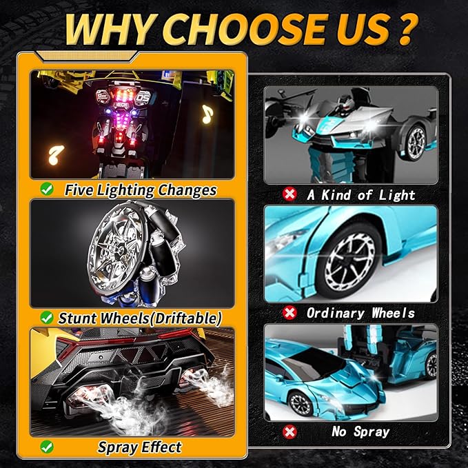 1:10 Big Size Transform RC Car Gesture Sensing Transformation 2.4GHz Remote Control Car One Button Deformation to Robot with LED Lights Transforming Toy Cars Gift for Kids Age 8-12 Years Old Boys