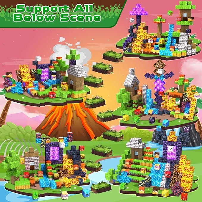 Magnetic Blocks - 300 PCS with Light Up Blocks Dinosaur Volcano Forest Castle Set - Kids Classroom Sensory Toy for Toddlers STEM Construction Stacking Toy Kids 3+ Boys easter basket stuffers