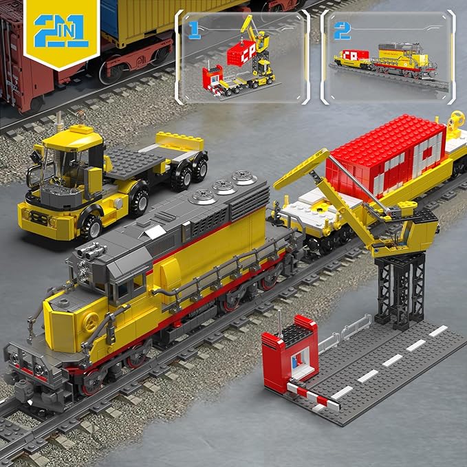 Mould King 12027 Diesel Locomotive Train Building Sets with a Semi-Trailers Cranes Remote/App Control Engineering Toy Kit Scale Model with Trains Tracks for Adults(1170 Pieces)