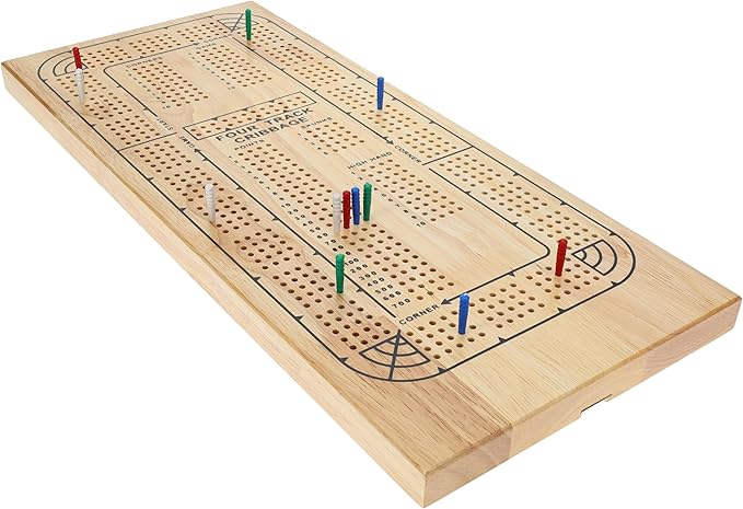 WE Games 4 Player Wooden Cribbage Board Solid Natural Wood 4 Track Board Plastic Pegs and Instructions Card Games for Families and Adults