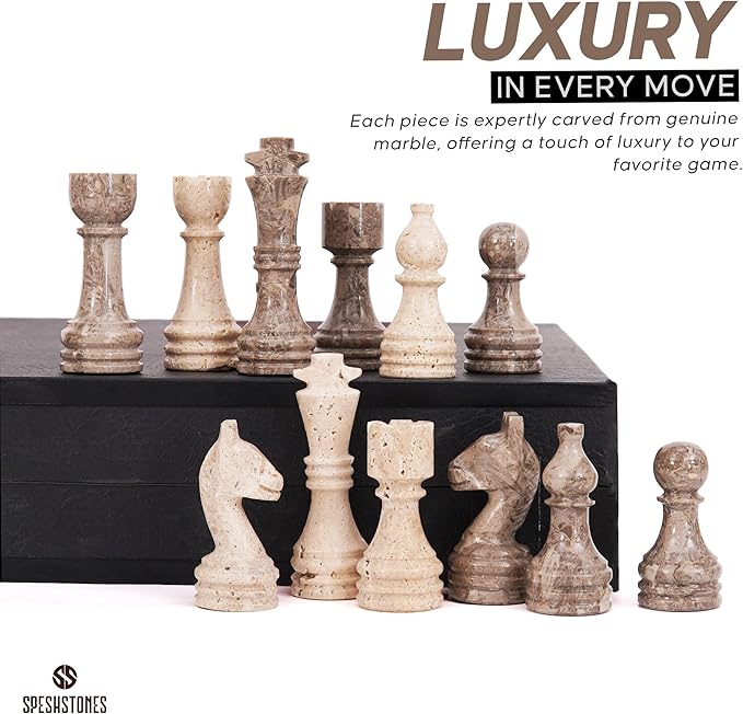 Marble Chess Set 15 Inches Handmade Oceanic &amp Travertine Luxury Board Games for Adults Ideal Marble Chess Board Game Set Chess Pieces &amp Storage Box for Gifts &amp Home Decor