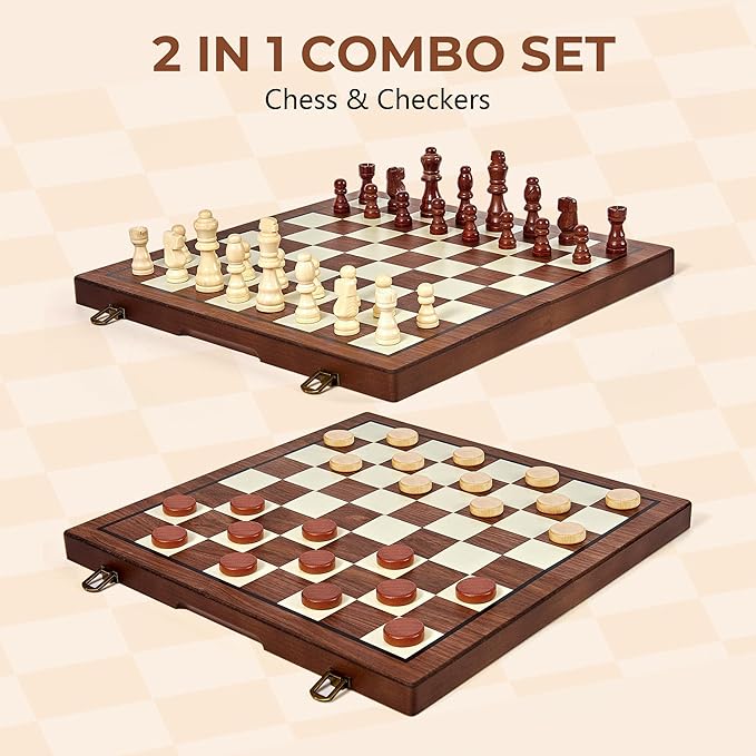 MerryPony 2 in 1 Wooden Chess and Checkers Set Magnetic – 15 inch Folding Board Game with Strong Magnetic Chess Pieces with 2 Extra Queens Portable Travel Beginner Chess Game Set for Adults Family