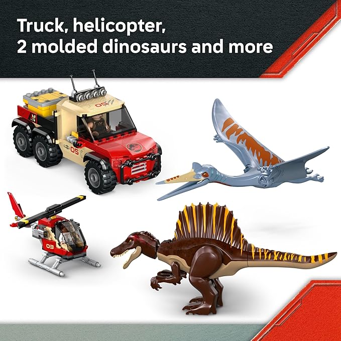 LEGO Jurassic World Spinosaurus &amp Quetzalcoatlus Air Mission - Dinosaur Toy for Kids - Pretend Play Building Toy with Dinosaur Figurines for Girls and Boys 8+ - Birthday or Any-Time Gift Idea - 7