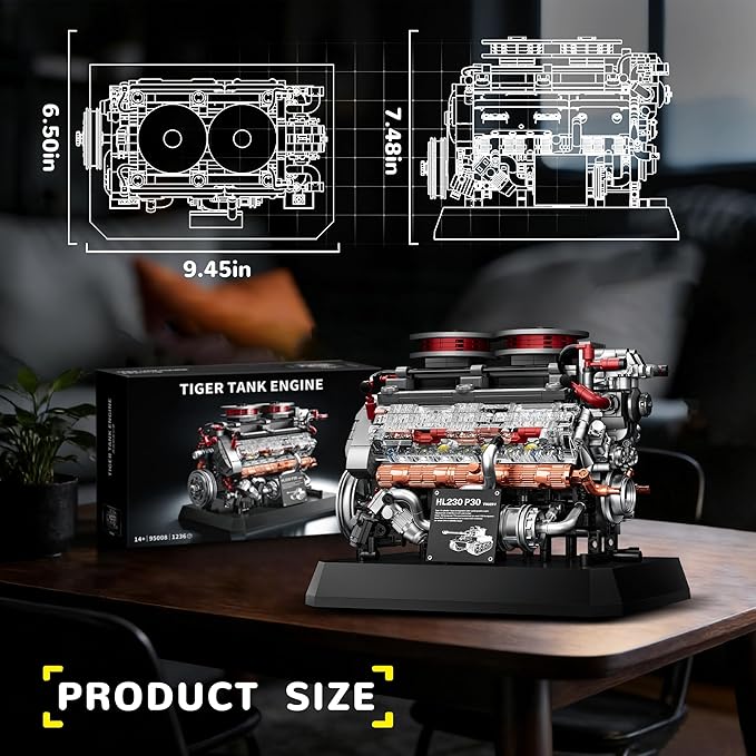 V12 Engine Model Kit Building Set for Tiger Tank Mini Mechanical Engineering Technic Collectible for Adults Teens Boys 14+ 1236PCS
