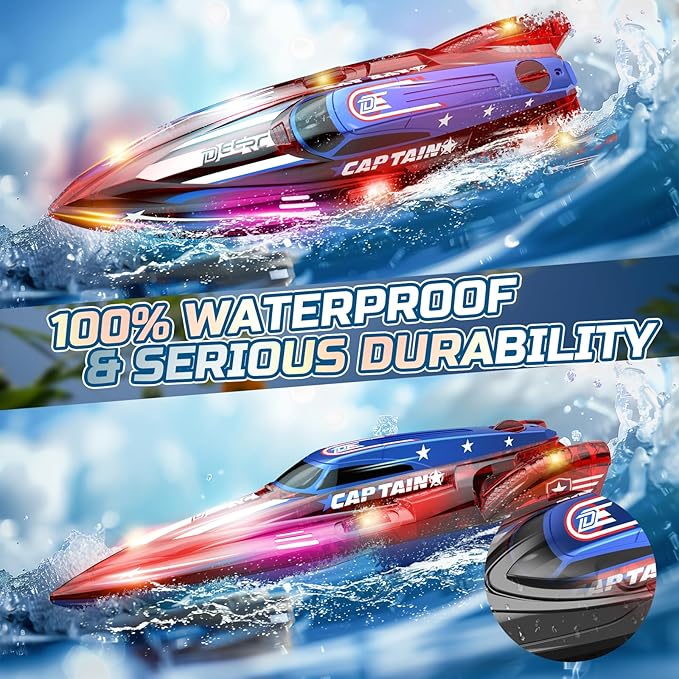 DEERC 2 Pack 13 inch Remote Control Boat for Kids 4 Batteries 2.4Ghz RC Racing Boat with LED Lights for Pools and Lakes Summer Water Toy Gift for Boys 8-12