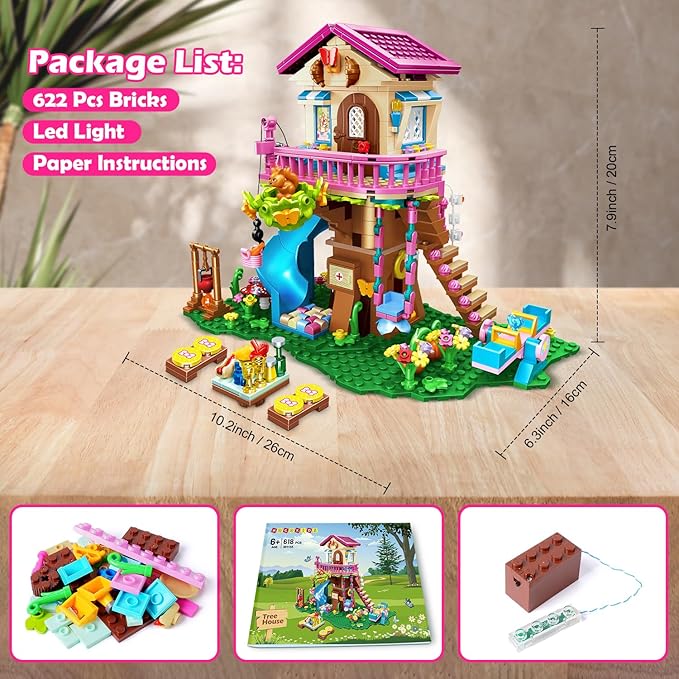 HOGOKIDS Tree House Building Set with LED Light - 622pcs Treehouse Building Blocks Toys Forest Up House Toys with Slide Birthday Easter Gifts for Kids Girls Boys Age 8 9 10 11 12+