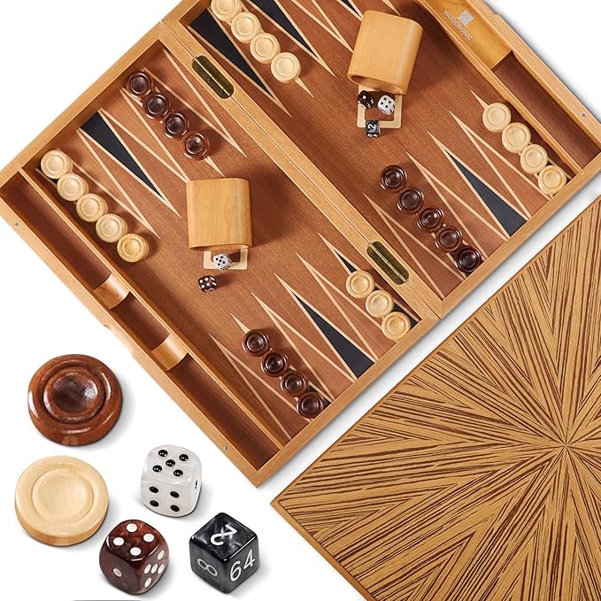 Wood Backgammon Set for Adults – 17 Inch Classic Strategy Board Game Case - Premium Folding Backgammon Set with Wooden Playing Pieces Dices - Portable Wood Inlaid Travel Backgammon Game Set