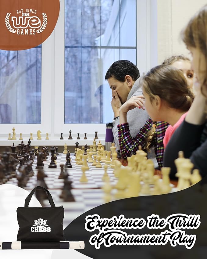 WE Games Best Value Tournament Chess Set - Includes 34 Chess Pieces Roll Up Vinyl Chess Board Chess Pieces Chess Bag and Equalizer Dice Travel Chess Sets for Adults