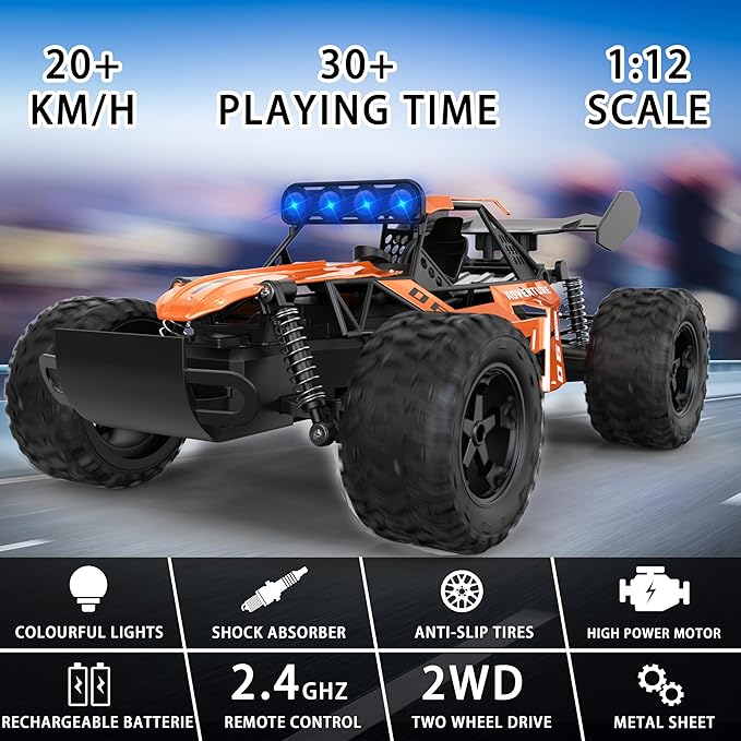 RC Monster Truck for Kids Ages 4–8 1:12 Remote Control Car with Alloy Shell 15.5 MPH (25KM/H) Fast Off Road Orange RC Car with 2 Speed Modes &amp LED Lights 2.4GHz Easy Control Toy Gift for Boys