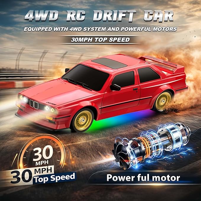 RC Drift Car 2.4GHz 1:16 Scale 4WD 30KM/H High Speed Remote Control Cars Vehicle with LED Lights 2Pcs Rechargeable Batteries Drifting Tires Racing Sport Toy Cars for Adults Boys Girls Kids Gift
