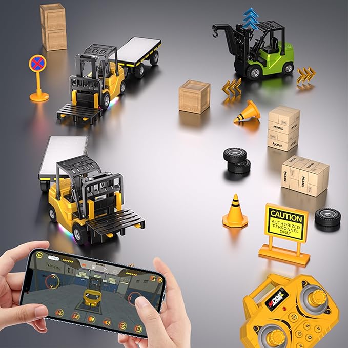 Mini RC Forklift Toy 3 in 1 Remote Control Forklift Trailer 10 Channel Mini Forklift Remote Control with Liftable Fork &amp Hook 1/64 Desktop RC Construction Vehicles for Adults Kids Boy Gift