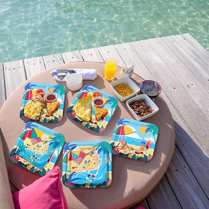 Beach Theme Party Supplies Summer Pool Pack Includes: Paper Dinner Plates Dessert Plates Luncheon Napkins Cups and Tablecloth for Hawaiian Party Birthday Decorations Serve 25