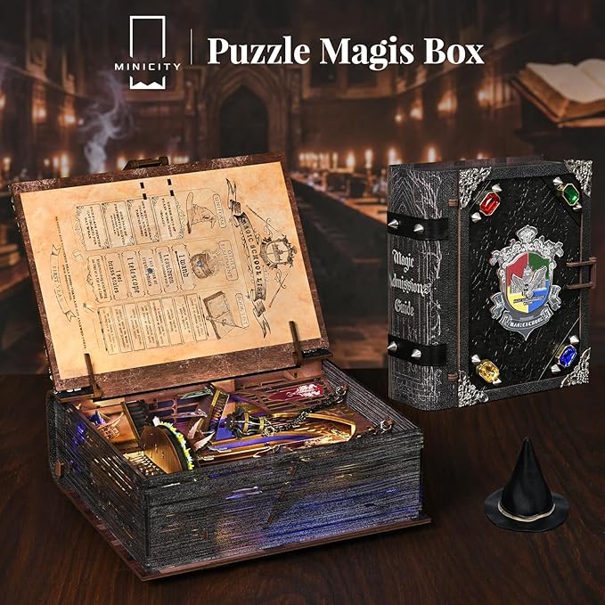 Book Nook Kit with LED Light Miniature House Kit for Birthday 3D Wooden Bookends Puzzle Bookshelf Decor for Adults Teens Beginners (Magic Admissions Guide)