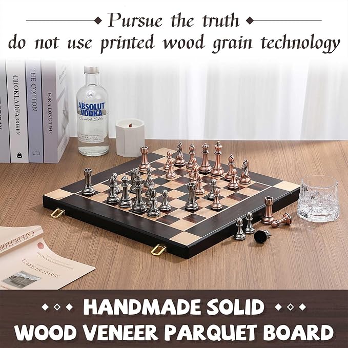 15-Inch Large Metal Chess Set for Adults and Kids with Metal Chess Pieces – Foldable Wooden Board with Storage Portable Classic Game Set for Travel &amp Home Elegant Gift for Chess Enthusiasts