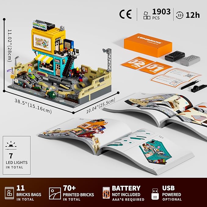 Skate Park Lighting Building Blocks Set - Street Fusion City Town Modular Playset Collection Display kit with Minifigures 1903 Pcs for Adults &amp Teens &amp Life Enthusiasts