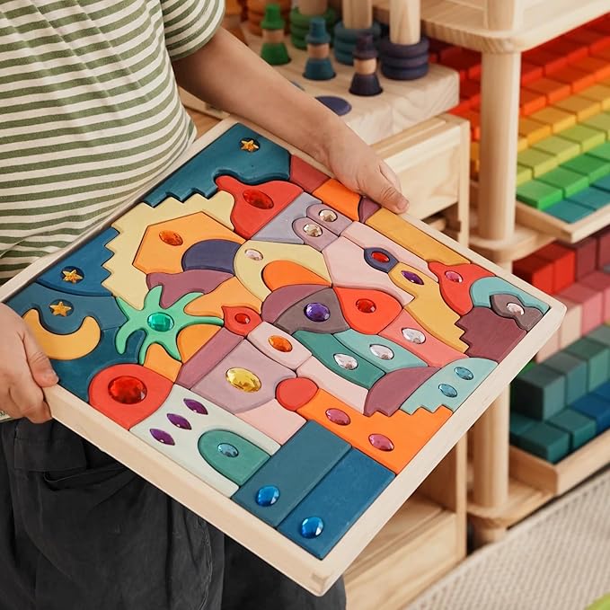 52PCS Wooden Acrylic Gem Blocks Translucent Cubes Stacking Toys Natural Wood Creative Game Blocks Educational Toys for Children (Moon Beach Gemstone Blocks)