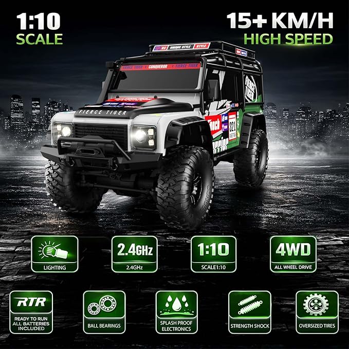 RC Cars RC Crawler 1/10 Scale RTR Remote Control Car 4WD 2.4GHz Brushed Offroad Racing Hobby Grade Model Vehicle with LED Lights 2Pcs Battery Toy for Kids and Adults