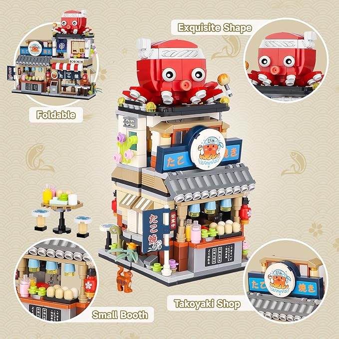 Japanese Street View Takoyaki Shop Mini Building Blocks MOC Creative Japanese Toys for Girls 6-12 Years Old 722 Pcs Simulation Architecture Construction Toy Gift Idea for Kids Adults
