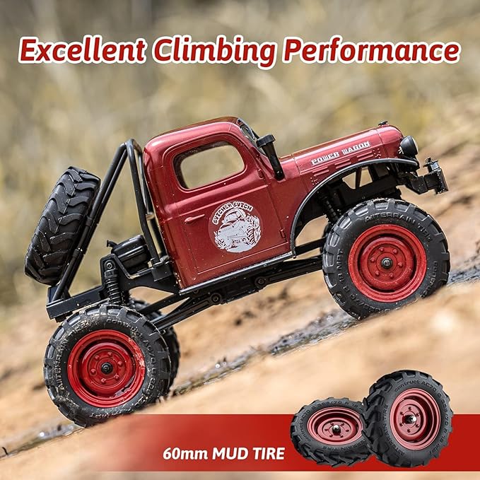 FCX24 RC Crawler 1/24 Remote Control Car Power Wagon 4WD RC Crawler Two-Speed Shift RC Rock Crawler 8Km/h with Portal Axle Metal Gears for Adults (Red)
