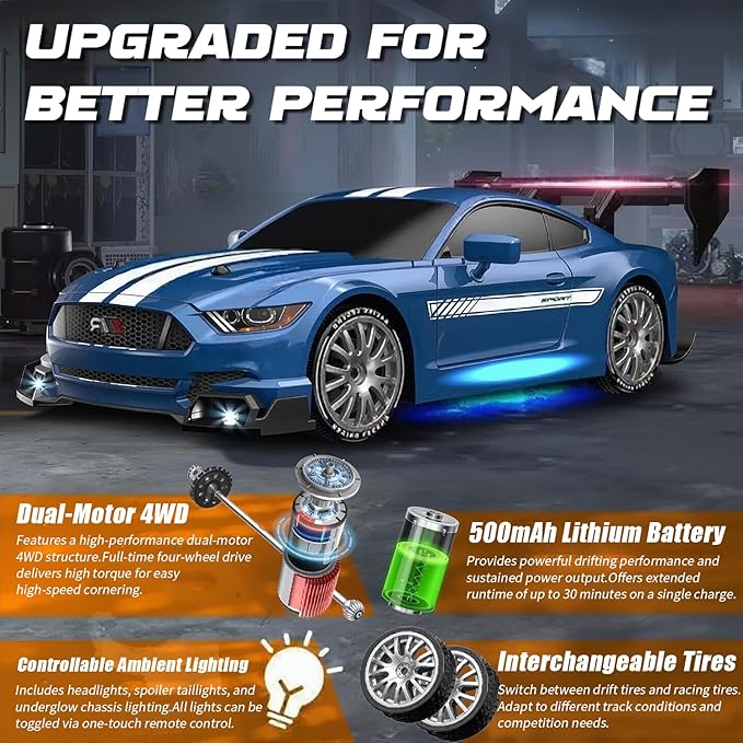 RC Drift Car 1:24 Scale Remote Control Vehicle for Kids2.4GHz 20KM/H 4WD High Speed RC Cars with LED Light Two Batteries &amp Drifting Tires Racing Sport Toy Cars for Adults Boys Girls Kids 8602BU