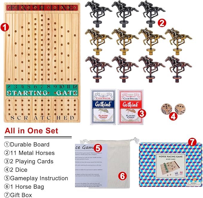Horse Race Board Game – Thickened Wooden Chessboard with 11 Metal Horses 2 Dice &amp 2 Card Decks Family-Friendly Horse Racing Game for Kids Adults Friends &amp Strategy Game Nights