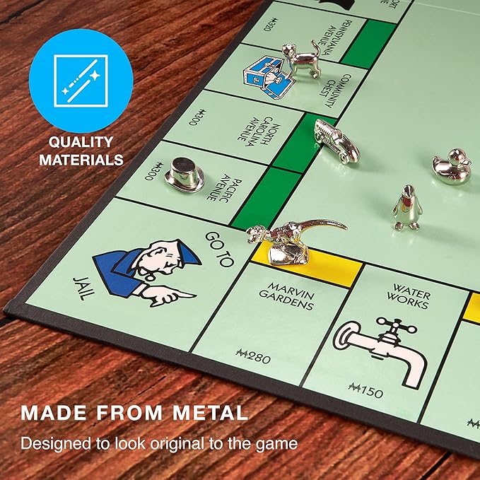 8-Pack Replacement Pawns Compatible with Monopoly - T-Rex Terrier Race Car Top Hat Battleship Cat Duck Penguin - New Edition Metal Classic Board Game Tokens - Replace Lost or Broken Pieces