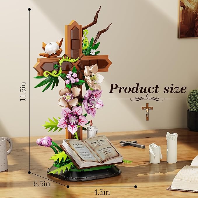 Cross Flower Building Set Religious Cross Collectibles Compatible with Lego Jesus Catholic Building Toys Easter Christian Birthday Gifts for Mothers Women or Adults