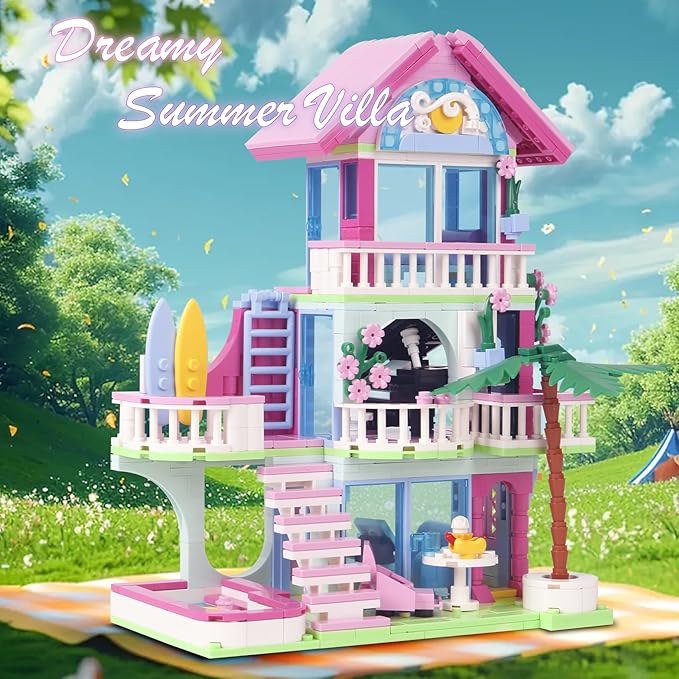 678PCS Pink Beach House Building Blocks Kit Compatible with Lego Particle SizesFriends Interactive Architecture Holiday Dream VillaUnique Birthday Gift Toy for Girls or Boys Age 6 7 8 9 10 11 12+