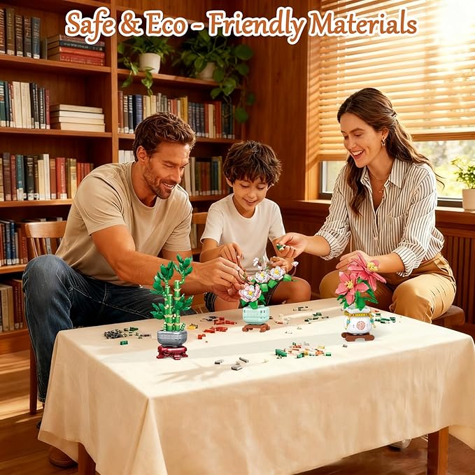 Botanicals 3 Bonsai Flowers Building Blocks Set Lucky Bamboo-Red Poinsettia-Pink Orchid Artificial Flower Bouquet Building Bricks Toy Plants Decor Ideal Valentine's Day Gift for Lover (1576PCS)