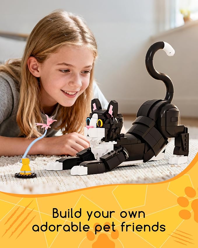 3 in 1 Animal Tuxedo Cat Building Set - Animal Figurines with 3 Building Options into Cat Dog or Rabbit - Learning Toy Birthday Gift for Kids Girls &amp Boys Ages 6+