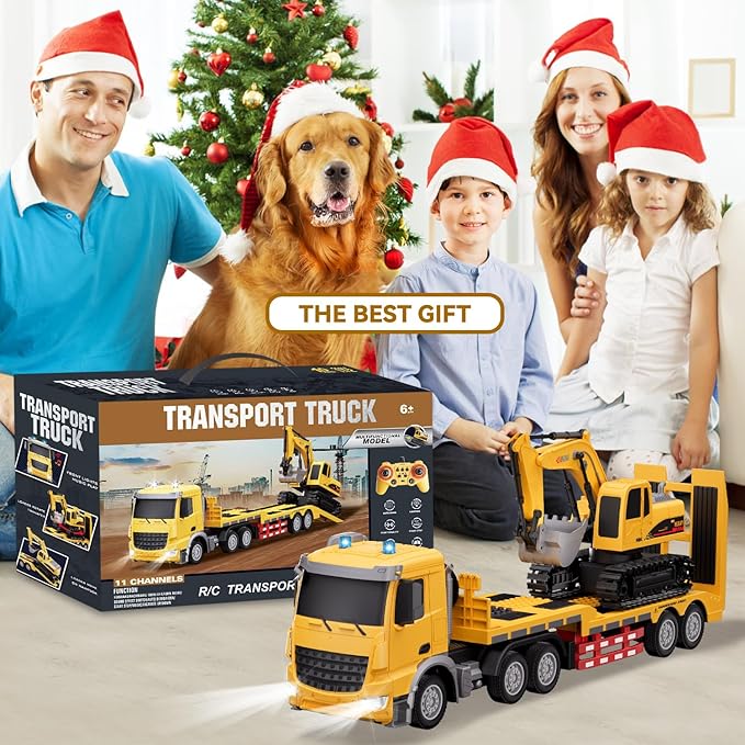 RC Semi-Trailer Truck with Excavator Toy Set - 1:12 Scale Remote Control Flatbed Truck and Excavator Toy for Kids 22.5 Inch with Lights &amp Music RC Construction Vehicle Toys for Boys 6-12 Years O