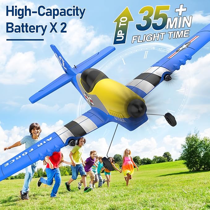RC Plane 3 Channel RC Airplane 2.4GHz with 2 Batteries 6-axis Gyro Stabilizer Easy to Fly for Beginners Adults and Kids (P-51D)