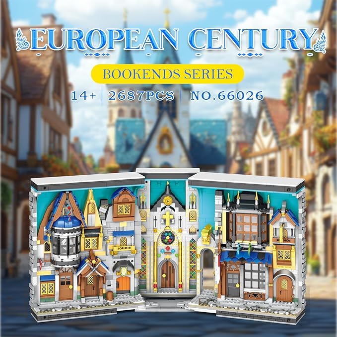 Reobrix Medieval Architecture Book Nook Building Set with Lights European Century Street View Bookshelf Insert Decor Bookshelf Diorama Building Blocks Kit DIY Miniature House Model Kit