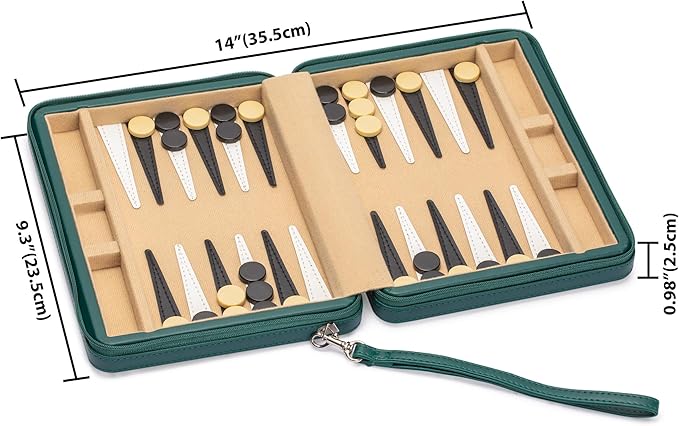 Yellow Mountain Imports Travel Size Backgammon Mini Game Set Izmir - Magnetic Checkers and 9-inch Board in Sleek Leatherette Case - Classic Strategy Board Game