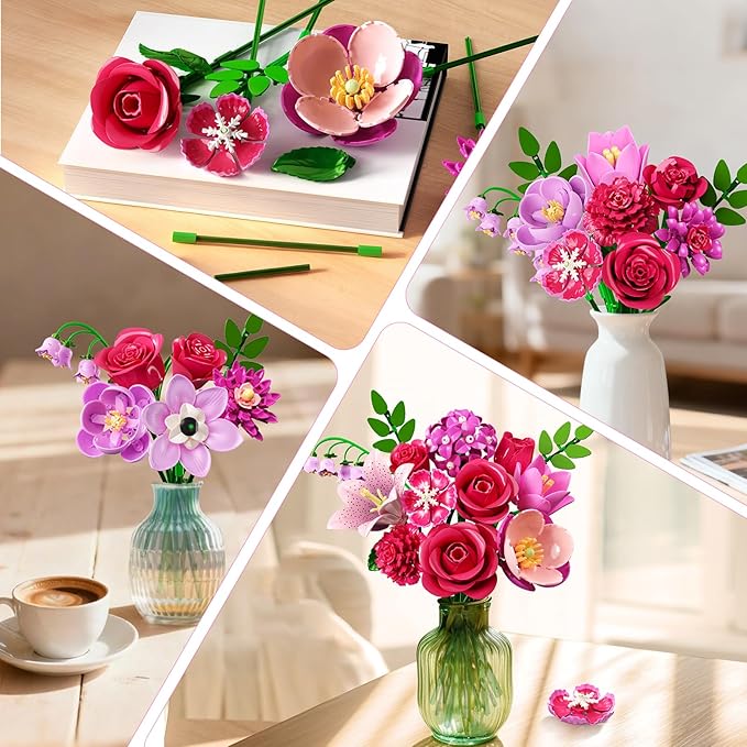 Flowers Bouquet Building Set with LED - 21 Rose Red Botanical Collection Kit for Adults Women Easter Gift for Her/Wife/Girlfriend/Mom 832 PCS Artificial Flower Plant for Home Decor