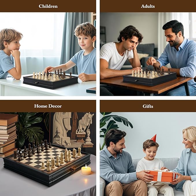 12.5’’ Wooden Chess Set Magnetic Chess Pieces with 2 Built-in Storage Drawers - Chess Broad Game for Beginner Kids Adults - 2 Bonus Extra Queens
