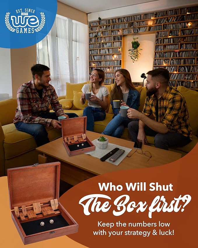 WE Games Shut-The-Box Board Game in Wooden Box with Dice
