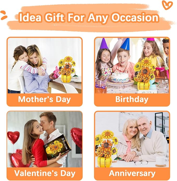 Flowers Sunflower Building Sets for Adults Van Gogh Prints Art Botanical Collection for Woman Girls 14+ Artificial Pot Bouquet Plants Kits Home Decor/Christmas/Valentine/Mother's Day Birthday Gifts
