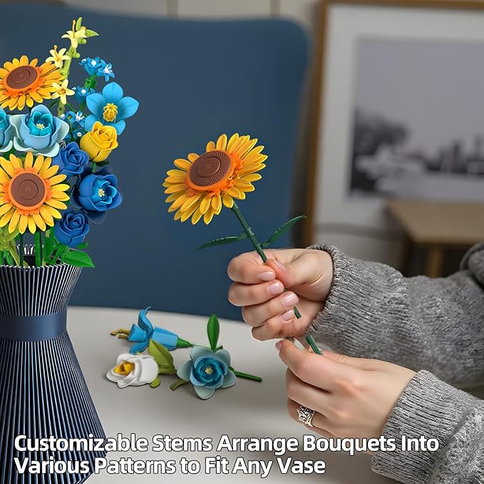 Blue Rose Flowers Valentines Gifts - Bouquet Building Set Compatible with Lego Flowers for Adults Women Van Gogh's Starry Night and Sunflowers Style Christmas Mother's Day Home Decor
