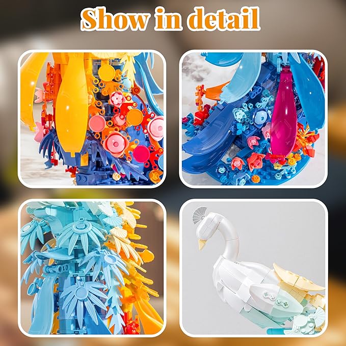 Peacock Building Sets Animal with Flowers Art and Light for Girls Women Adults Home Decor Collection