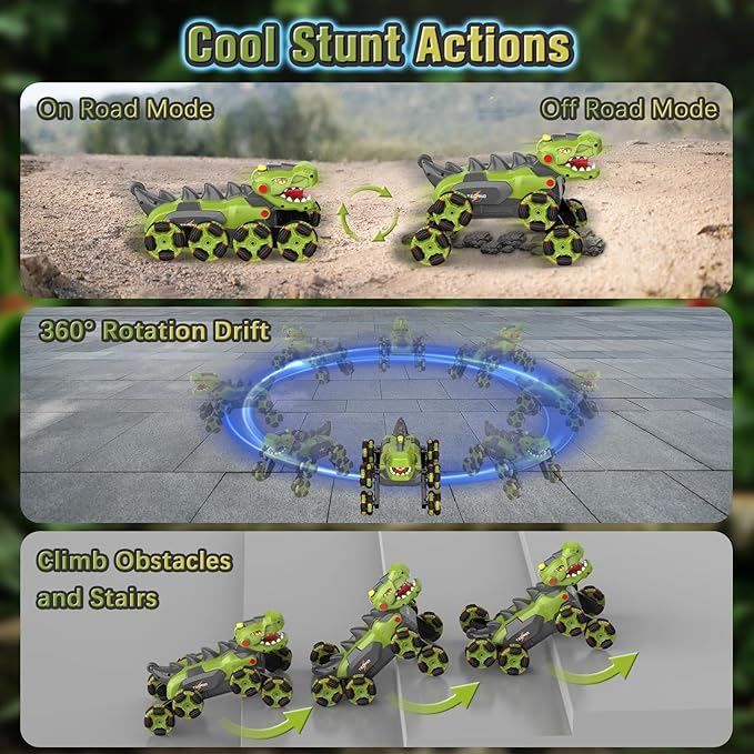 8 Wheels Dinosaur Transform RC Stunt Car - 2.4Ghz Remote Control Dinosaurs Monster Truck with Transforming &amp Spray &amp 360° Rotation Dinosaur Toys for Kids 5-7 8-12 Boy Christmas Birthday Gift