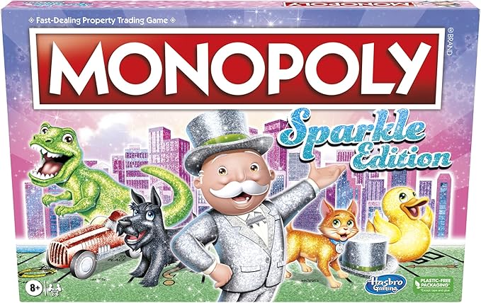 Hasbro Gaming Monopoly Sparkle Edition Board Game Family Games with Glittery Tokens Pearlescent Dice Sparkly Look (Amazon Exclusive)